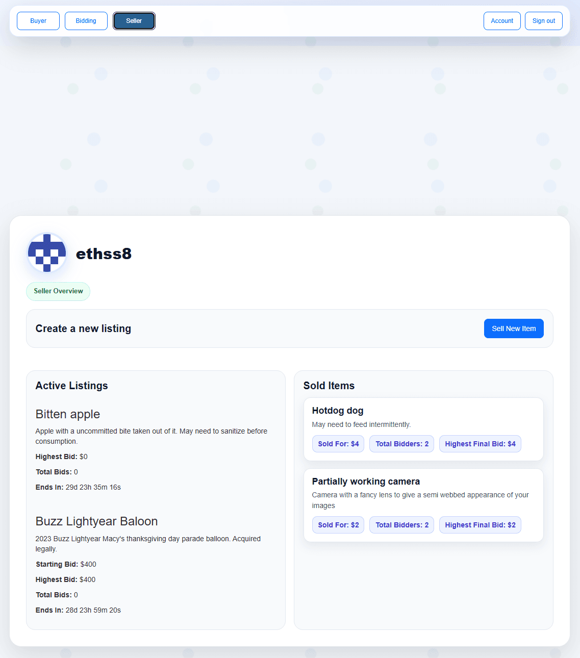 Recobid seller profile page